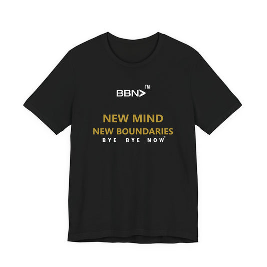 Front product mockup of the black BBN New Mind New Boundaries Tee with gold New Mind New Boundaries lettering and a white BBN logo.