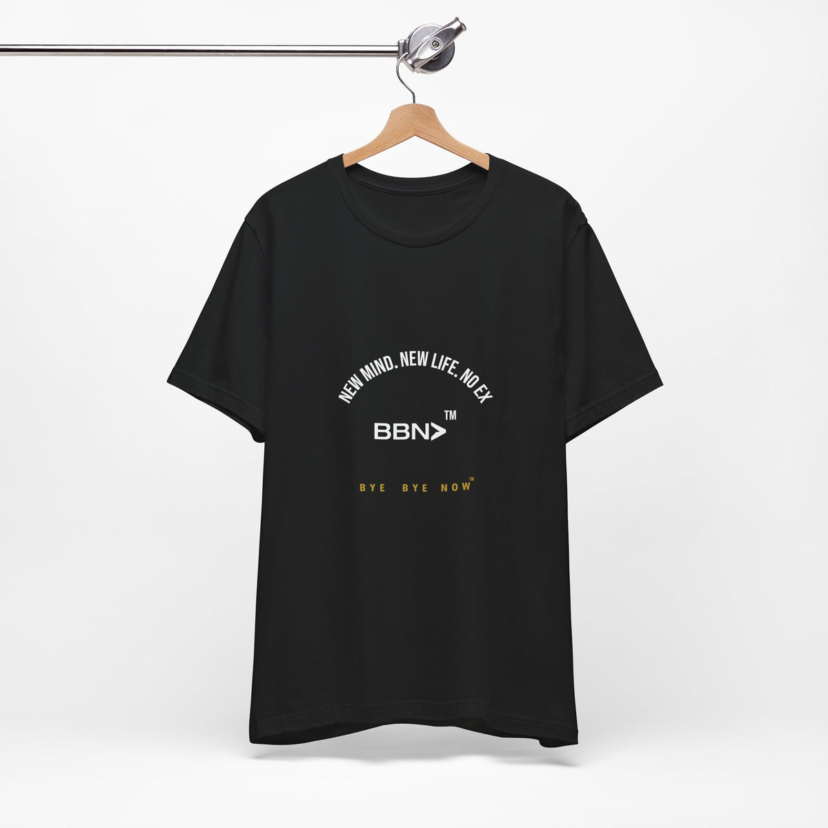 New Life No Ex Tee in black on a wooden hanger, showing the front print.