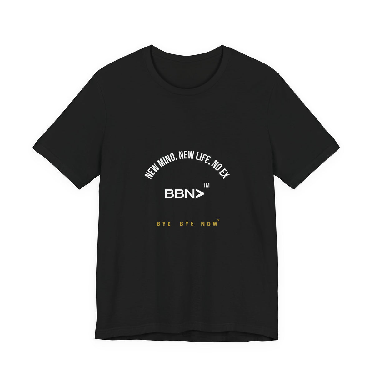 Front product mockup of the black BBN New Life No Ex Tee with white New Mind New Life No Ex lettering and BBN logo.