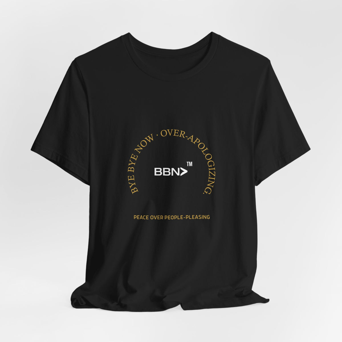 Over-Apologizing Tee in black draped against a light background, showing the front print.