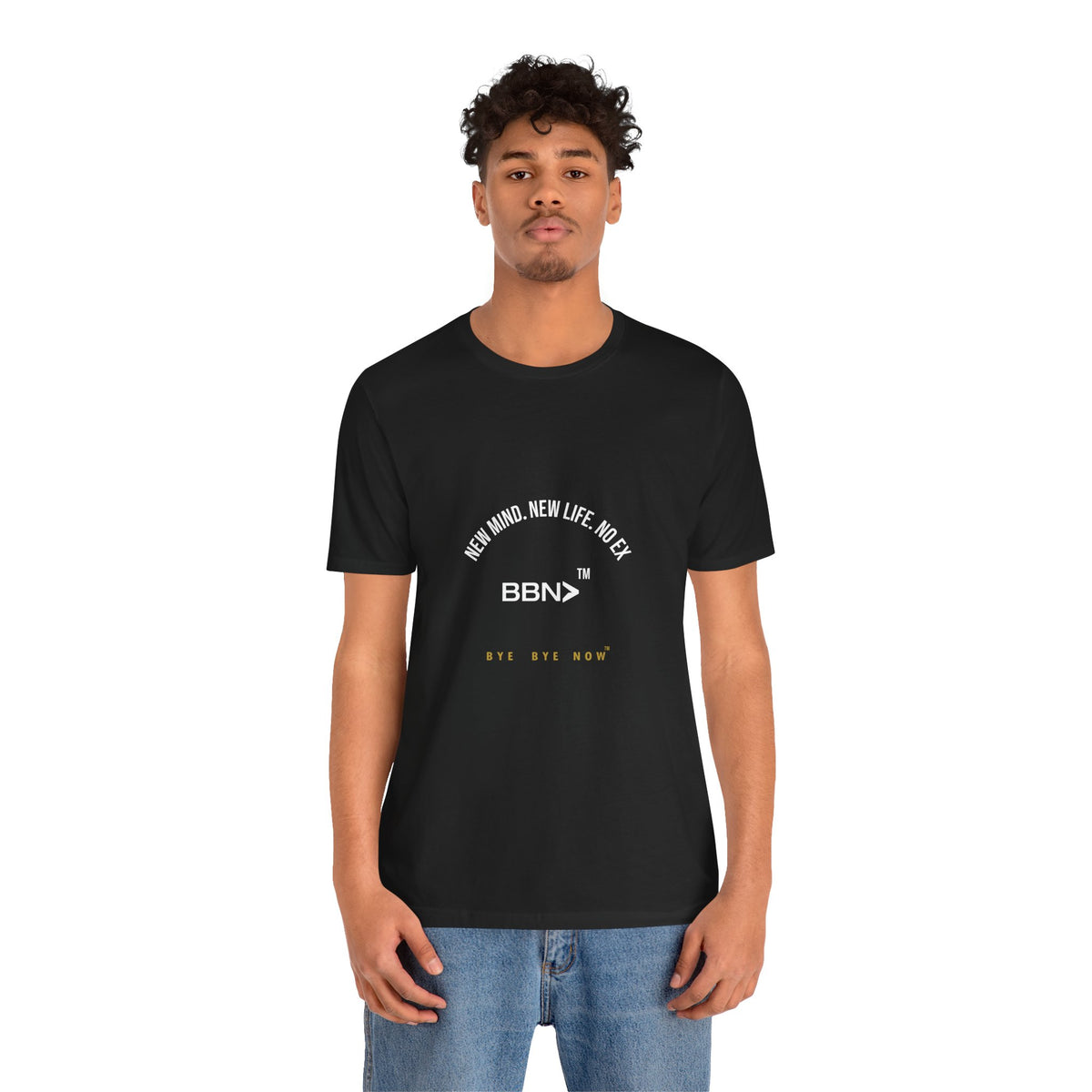 Man modeling the black BBN New Life No Ex Tee, front view of the printed design and fit.