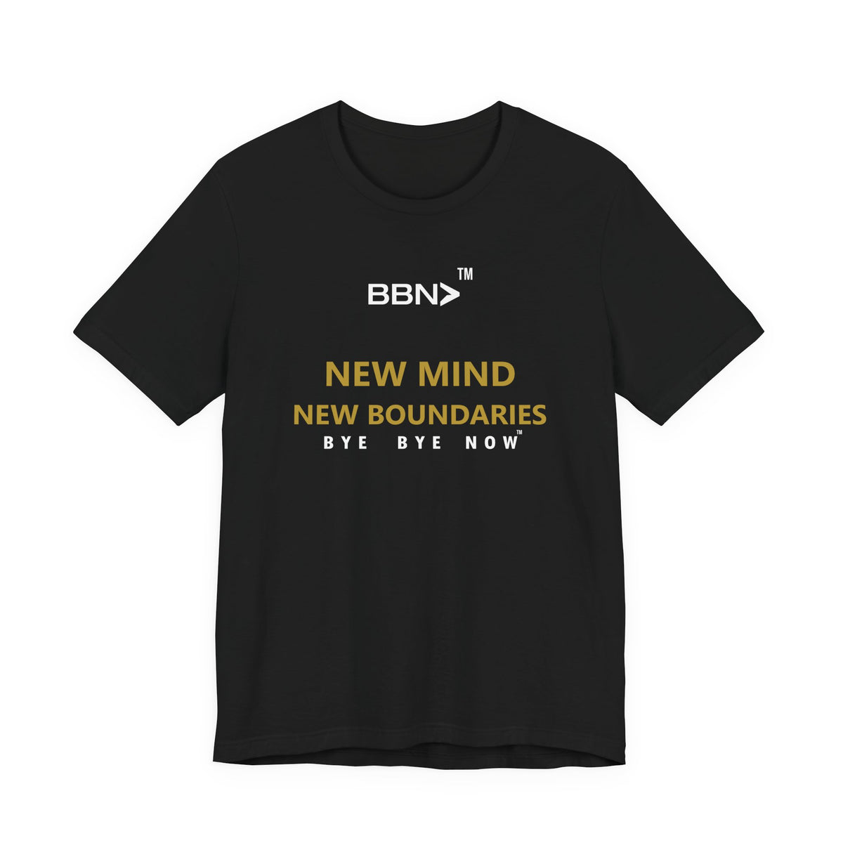 Front product mockup of the black BBN New Mind New Boundaries Tee with gold New Mind New Boundaries lettering and a white BBN logo.