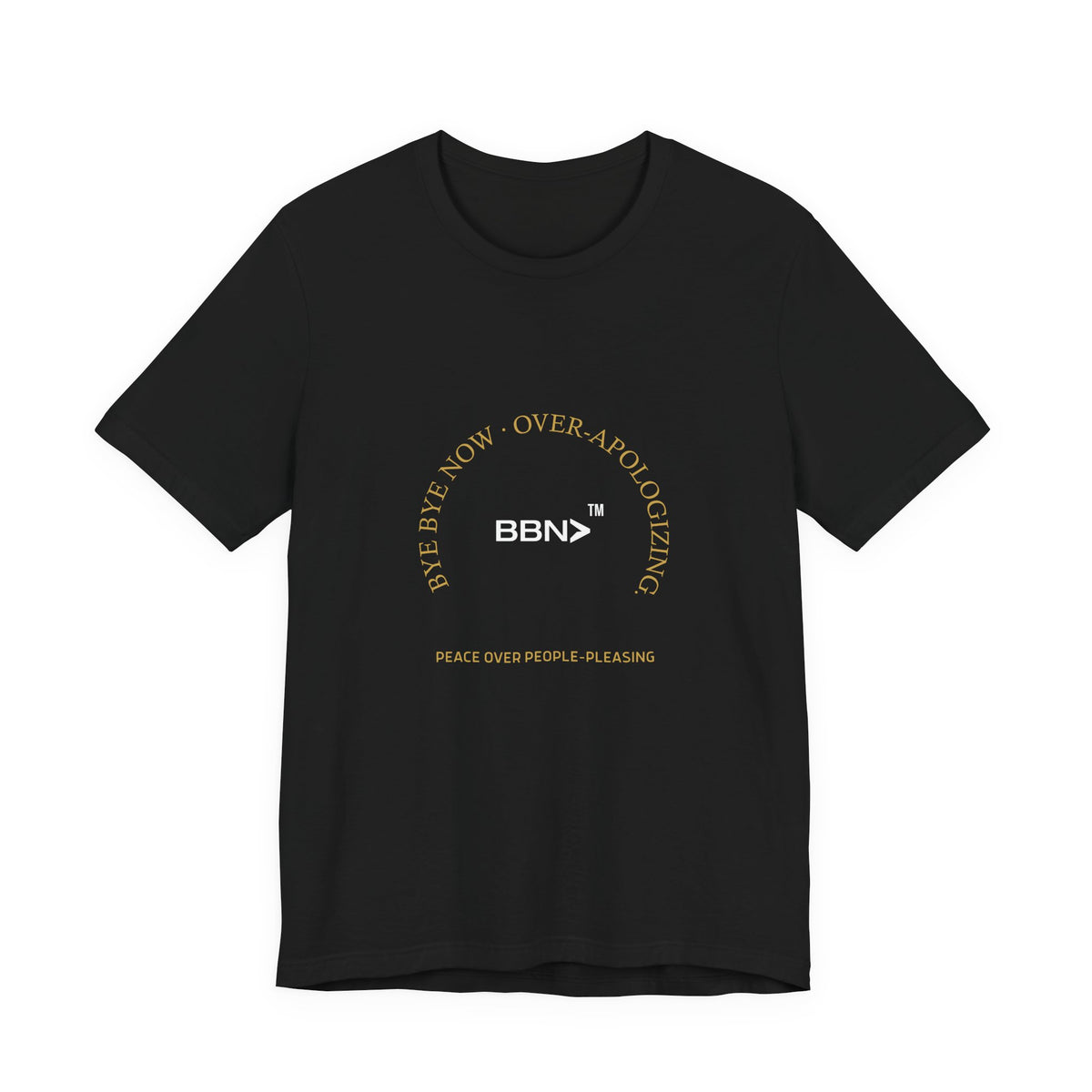 Front product mockup of the black BBN Over-Apologizing Tee with gold Over-Apologizing lettering around a white BBN logo.