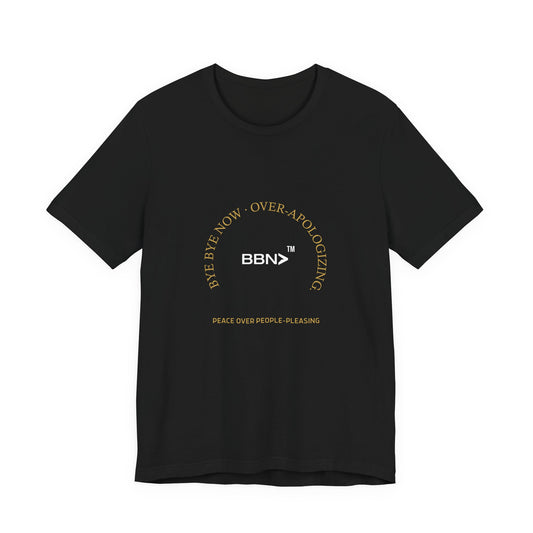 Front product mockup of the black BBN Over-Apologizing Tee with gold Over-Apologizing lettering around a white BBN logo.
