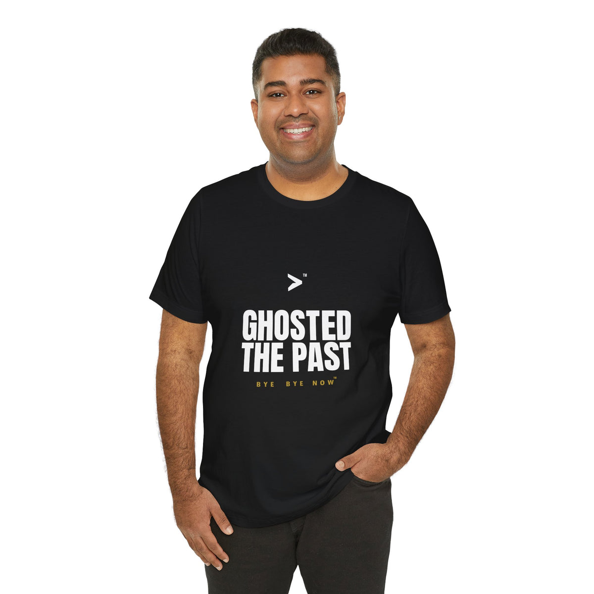 Man modeling the black BBN Ghosted The Past Tee, front view of the printed design and fit.