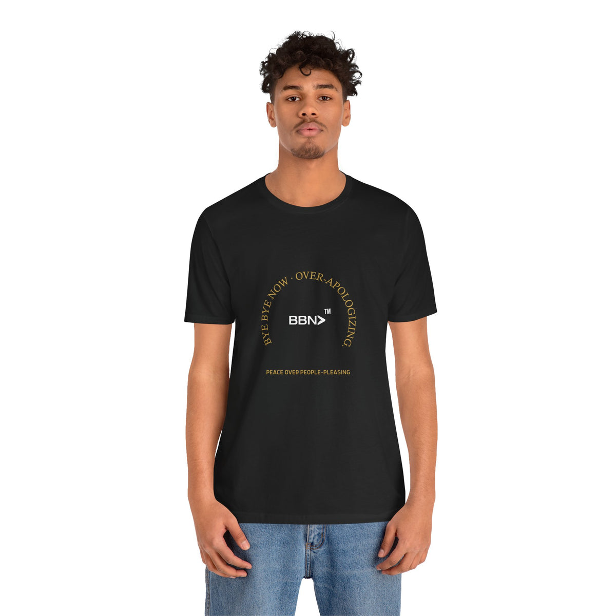Man modeling the black BBN Over-Apologizing Tee, front view of the printed design and fit.