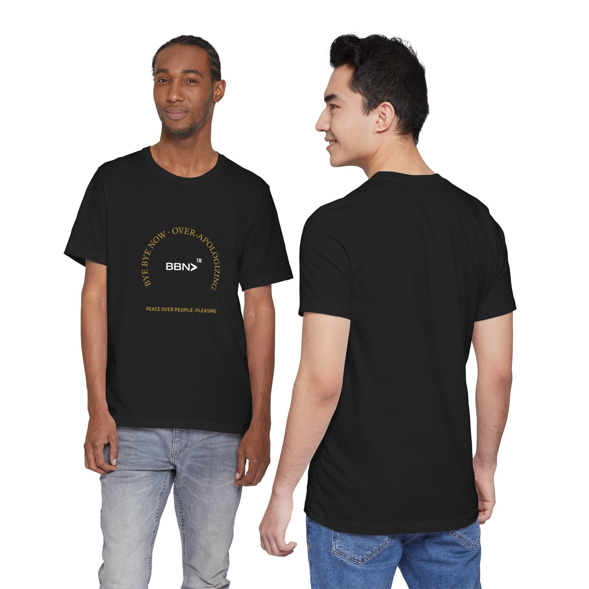 Two men showing front and plain back views of the black BBN Over-Apologizing Tee.