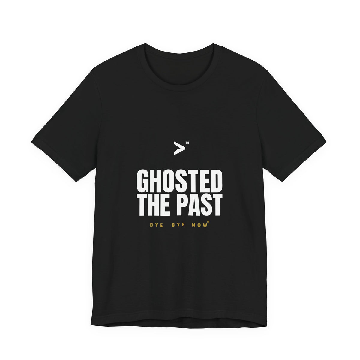 Front product mockup of the black BBN Ghosted The Past Tee with bold white Ghosted the Past lettering and an arrow logo.