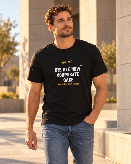AI styling concept: Man outdoors wearing a black T-shirt with white “Bye Bye Now Corporate Cage” lettering and a gold BBN logo.