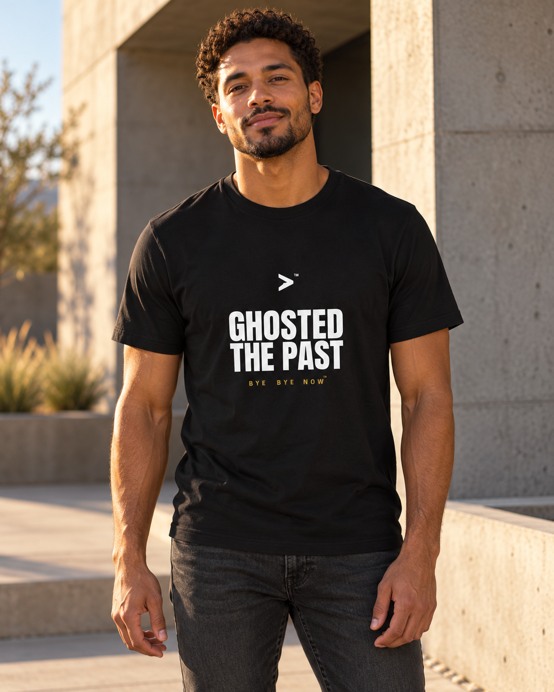 AI styling concept: Man outdoors wearing a black “Ghosted the Past” T-shirt with bold white lettering and gold “Bye Bye Now."