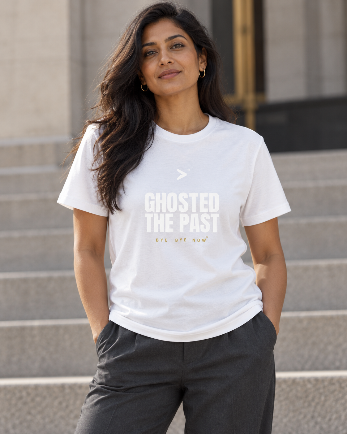 AI styling concept: Woman outdoors wearing a white T-shirt with bold white “Ghosted the Past” lettering and gold “Bye Bye Now”.