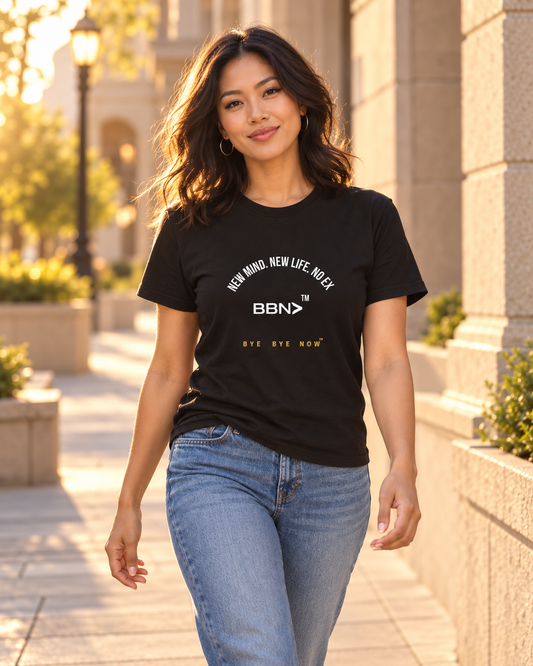 AI styling concept: Woman outdoors wearing a black T-shirt with white “New Mind New Life No Ex” lettering and a white BBN logo.