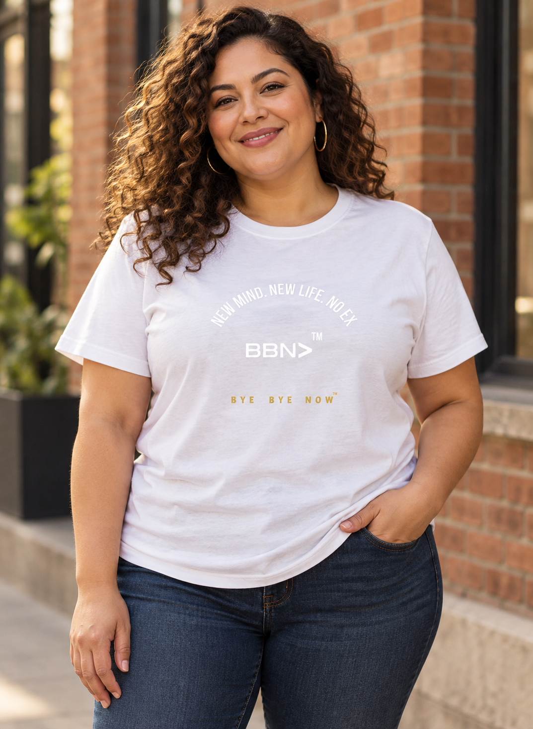 AI styling concept: Woman outdoors wearing a white T-shirt with white “New Mind New Life No Ex” lettering and a white BBN logo.