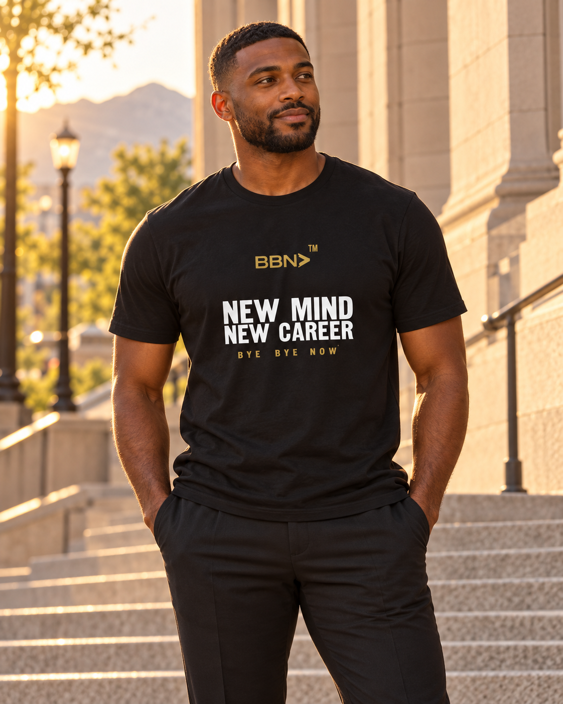 AI styling concept: Man outdoors wearing a black T-shirt with white “New Mind New Career” lettering and a gold BBN logo.