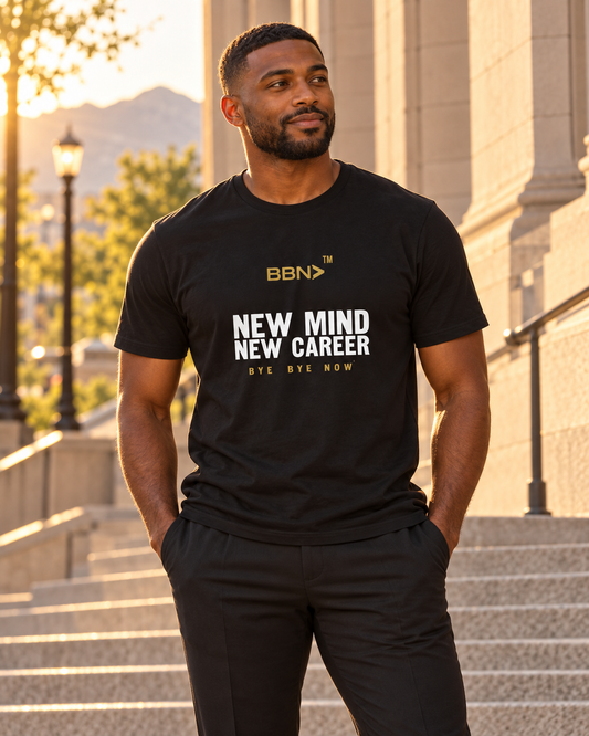 AI styling concept: Man outdoors wearing a black T-shirt with white “New Mind New Career” lettering and a gold BBN logo.
