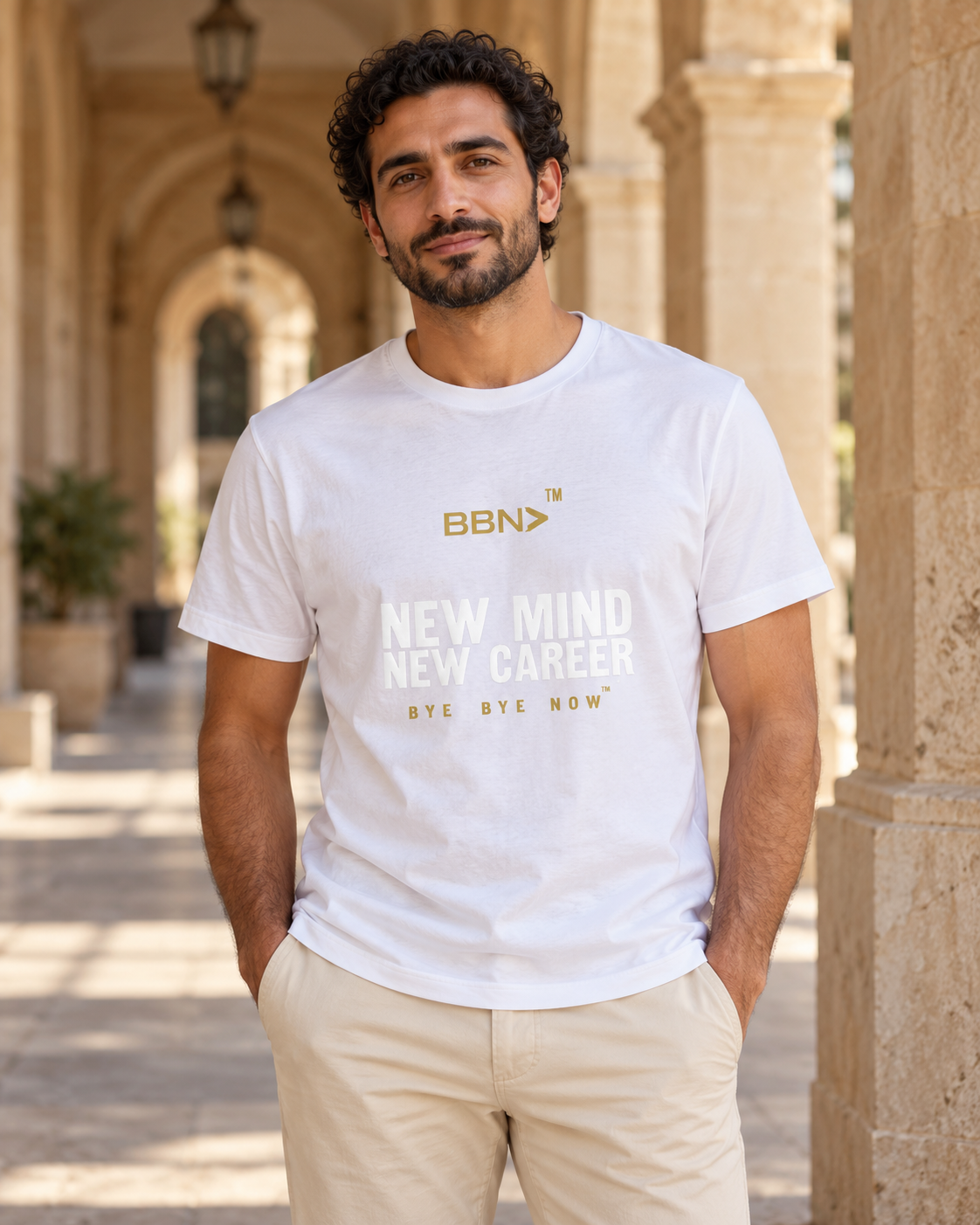 AI styling concept: Man outdoors wearing a white T-shirt with white “New Mind New Career” lettering and a gold BBN logo.